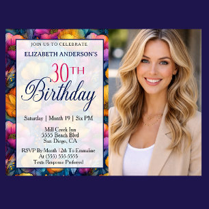 Colourful Vibrant Poppy Flower 30th Birthday Photo Invitation