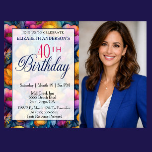 Colourful Vibrant Poppy Flower 40th Birthday Photo Invitation
