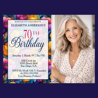 Colourful Vibrant Poppy Flower 70th Birthday Photo Invitation