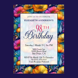 Colourful Vibrant Poppy Flower 98th Birthday Invitation