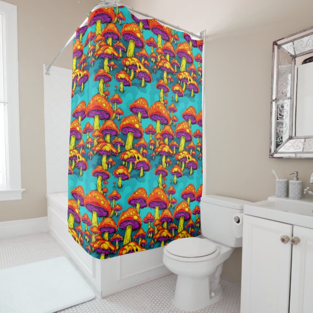 Colourful Vibrant Retro Trippy Mushrooms Shower Curtain (In Situ)
