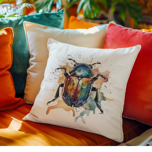 colourful vibrant scarab in watercolor cushion