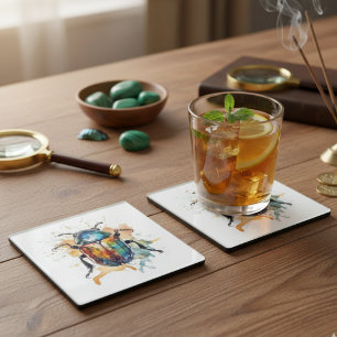 colourful vibrant scarab in watercolor glass coaster