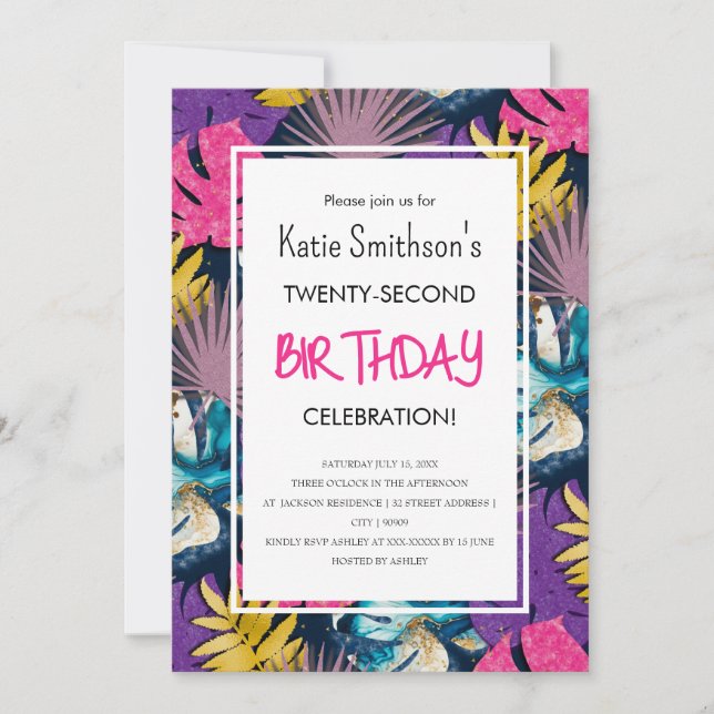 Colourful Vibrant Tropical Plants with Gold Invitation (Front)
