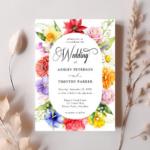 Colourful Vibrant Watercolor Flowers Wedding Invitation