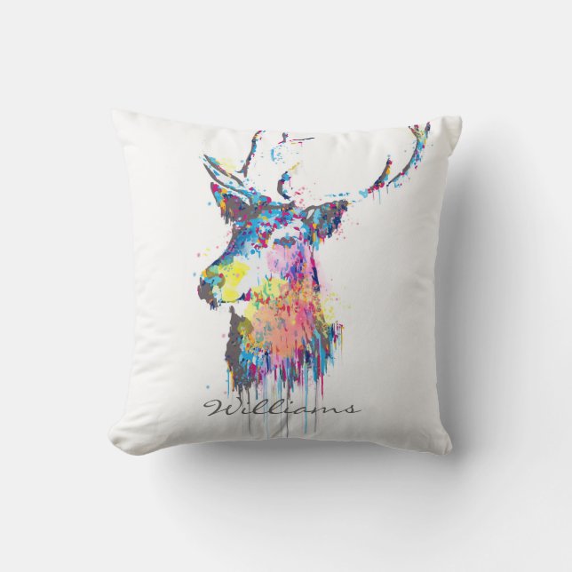 colourful vibrant watercolours splatters deer head cushion (Front)