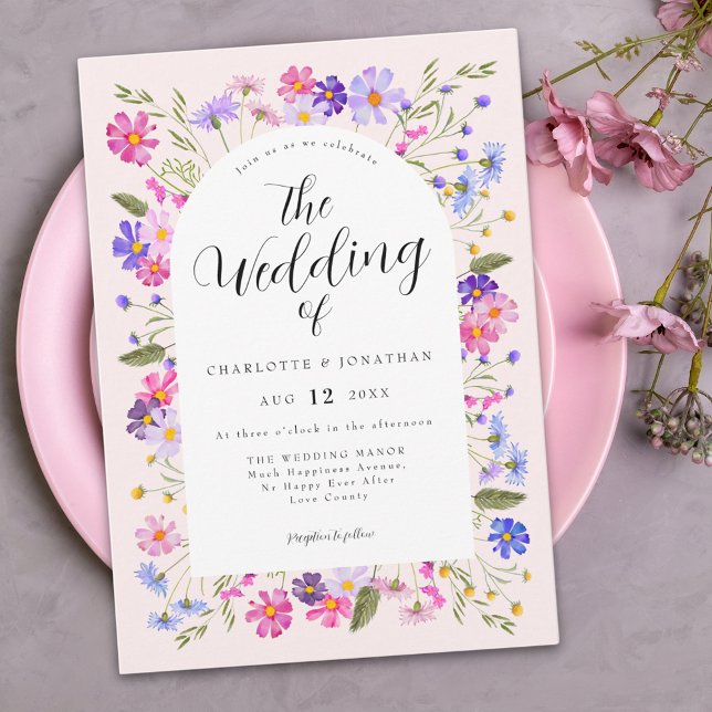 Colourful Vibrant Wildflower Boho Pink Wedding Invitation (Wildflower boho wedding invitation)