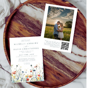 Colourful Vibrant Wildflower QR Code Photo Wedding Invitation