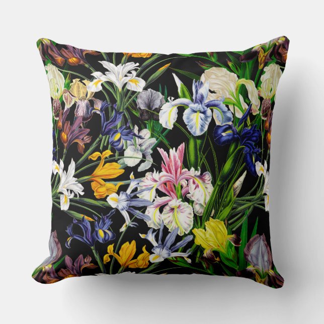 Colourful Victorian Iris Flowers on Black Pattern Cushion (Front)