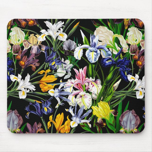 Colourful Victorian Iris Flowers on Black Pattern Mouse Pad (Front)