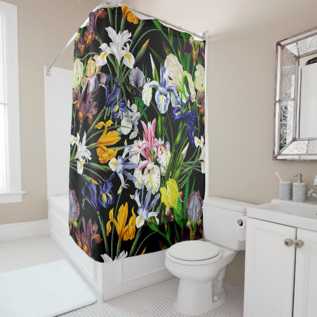 Colourful Victorian Iris Flowers on Black Pattern Shower Curtain (In Situ)