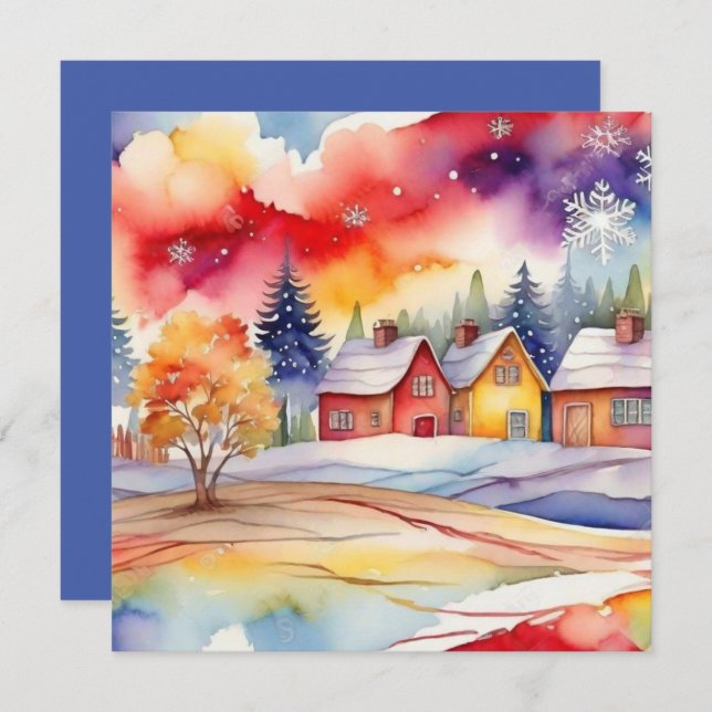 Colourful Village watercolor Holiday Card (Front/Back)