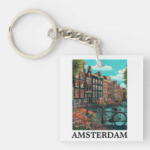 Colourful Vintage Amsterdam Netherlands Canal View Key Ring