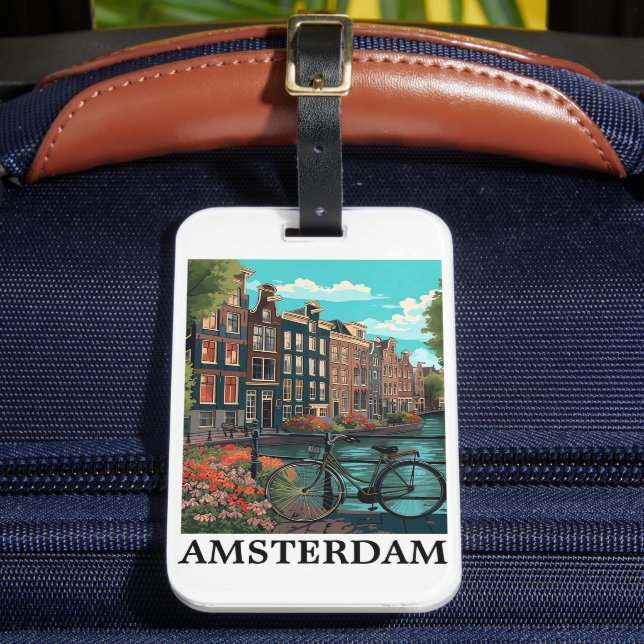Colourful Vintage Amsterdam Netherlands Canal View Luggage Tag (Front Insitu 2)