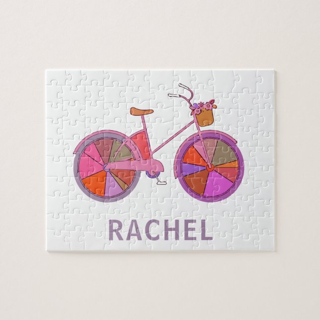 Colourful Vintage Bike Flowers Illustration Name Jigsaw Puzzle (Horizontal)
