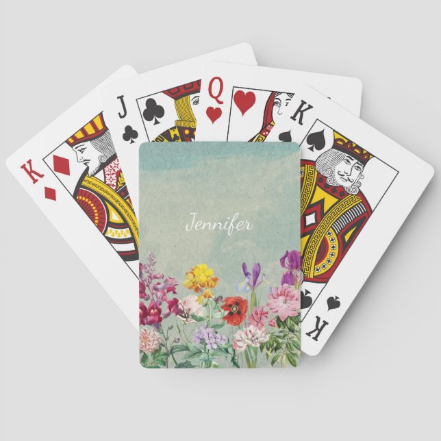 Colourful vintage blooming beautiful wildflowers playing cards (Back)