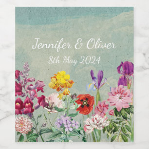 Colourful vintage blooming beautiful wildflowers wine label