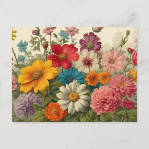 Colourful Vintage Blooming Garden Flowers Postcard