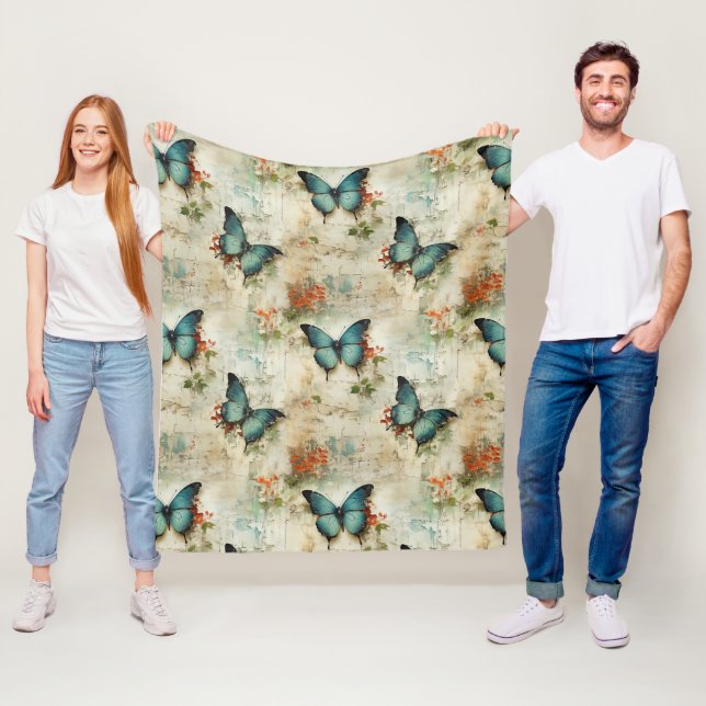 Colourful Vintage Butterflies and Flowers (12) Fleece Blanket (In Situ)