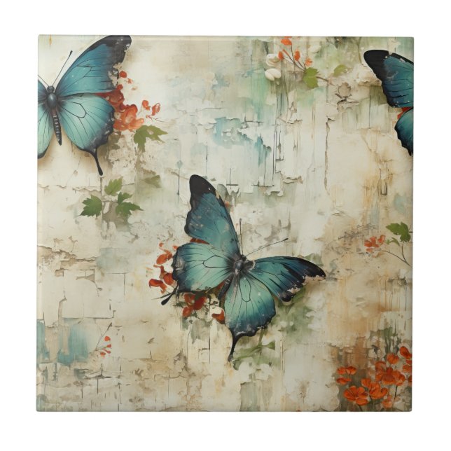 Colourful Vintage Butterflies and Flowers (12) Tile (Front)