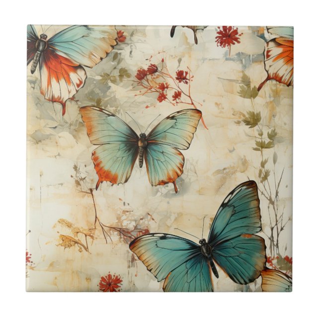 Colourful Vintage Butterflies and Flowers (3) Tile (Front)