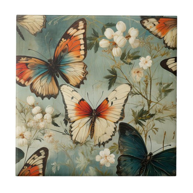 Colourful Vintage Butterflies and Flowers (5) Tile (Front)