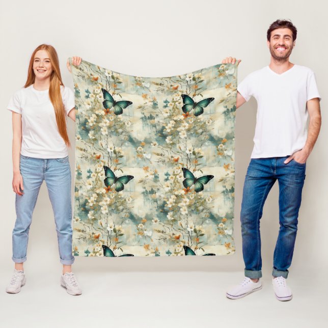 Colourful Vintage Butterflies and Flowers (6) Fleece Blanket (In Situ)