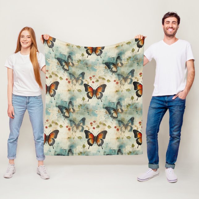 Colourful Vintage Butterflies and Flowers (7) Fleece Blanket (In Situ)
