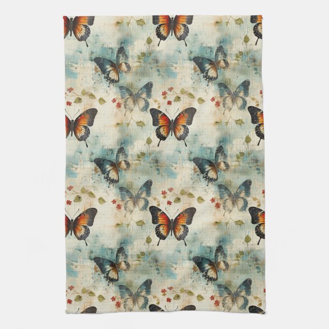 Colourful Vintage Butterflies and Flowers (7) Tea Towel (Vertical)