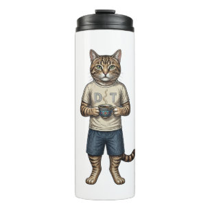 Colourful Vintage Cat Drinking Coffee Retro Animal Thermal Tumbler