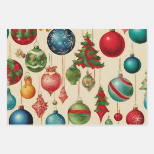 Colourful Vintage Christmas Hanging Ornaments  Wrapping Paper Sheet