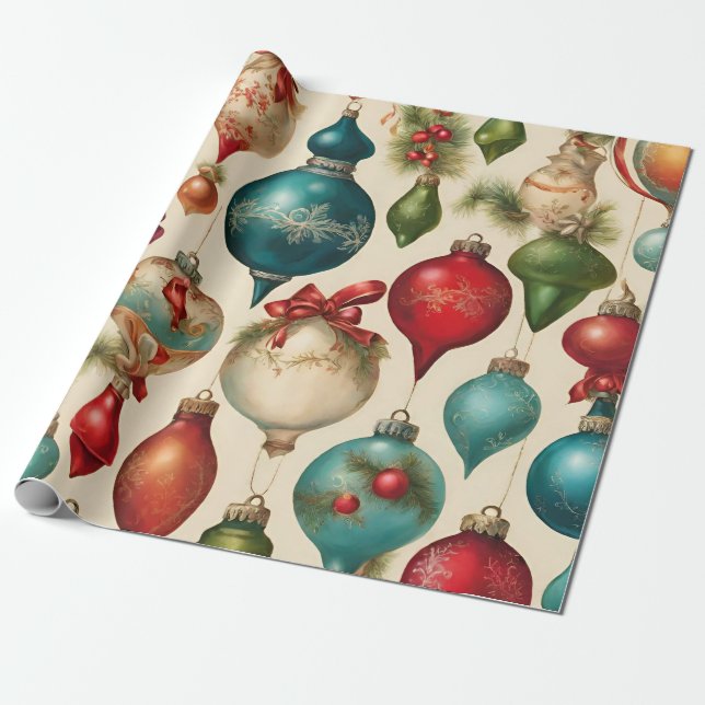 Colourful Vintage Christmas Ornaments  Wrapping Paper (Unrolled)