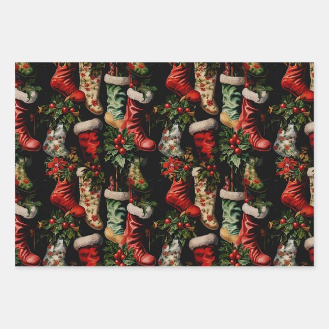 Colourful Vintage Christmas stockings Wrapping Paper Sheet (Front)