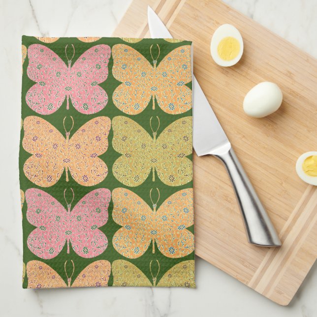 Colourful Vintage Floral Butterfly Kitchen Towel (Quarter Fold)