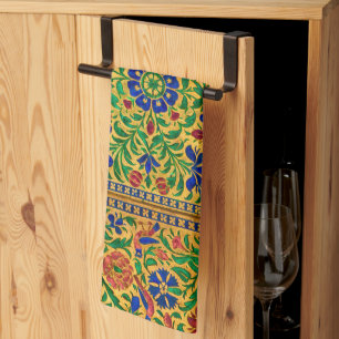 Colourful Vintage Floral Pattern With Birds Tea Towel