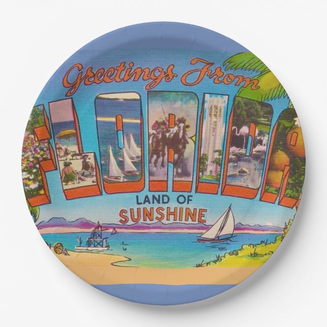 Colourful Vintage Florida Greetings  Paper Plate (Front)