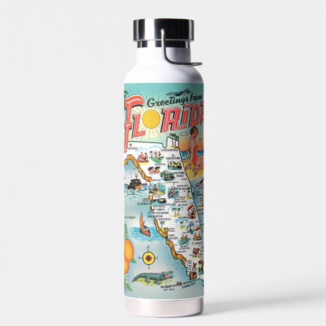 Colourful Vintage Florida Postcard Map  Water Bottle (Left)
