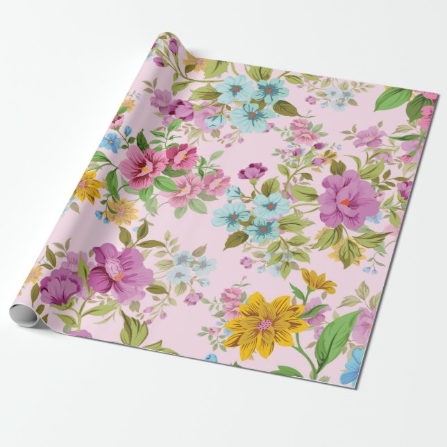 Colourful vintage flowers pattern wrapping paper (Unrolled)
