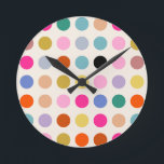 Colourful Vintage Geometric Dots Round Clock<br><div class="desc">Colourful vintage geometric dots - retro design - cream white background and colourful dots in pink,  yellow,  green,  blue and orange.</div>
