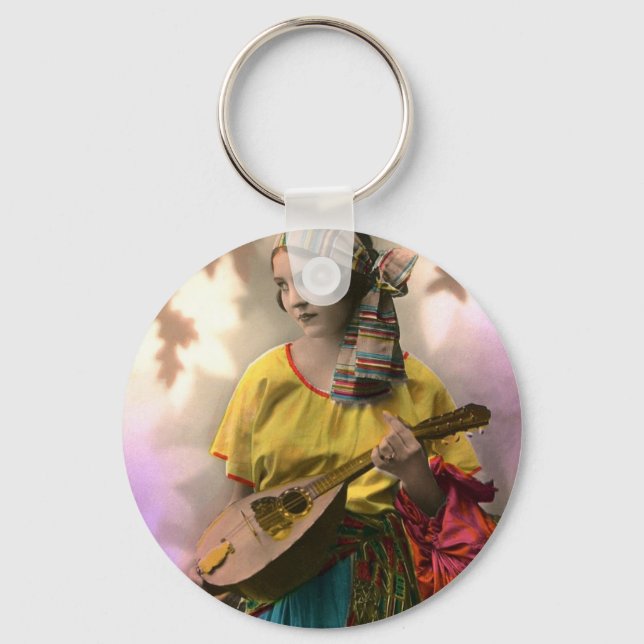 Colourful Vintage Gypsy Girl Key Ring (Front)