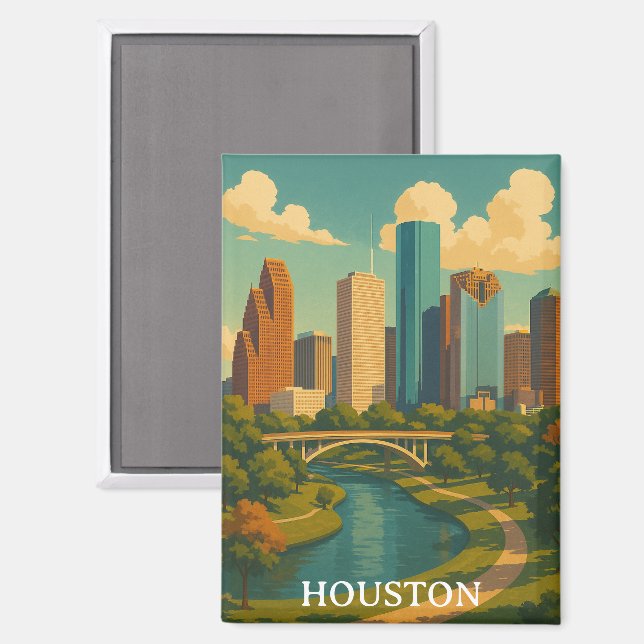 Colourful Vintage Houston Texas Skyline Magnet (Front/Back)