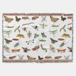 Colourful Vintage Insect Illustration Pattern Throw Blanket