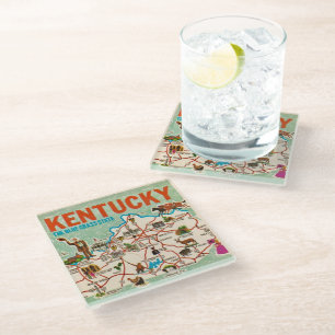 Colourful Vintage Kentucky Map Glass Coaster