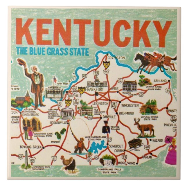 Colourful Vintage Kentucky Map  Tile (Front)