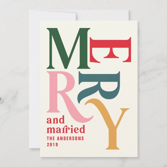 Colourful vintage merry and married Christmas Announcement (Front)