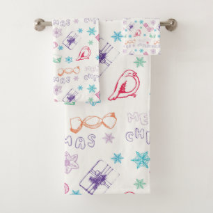 Colourful vintage merry christmas pattern bath towel set