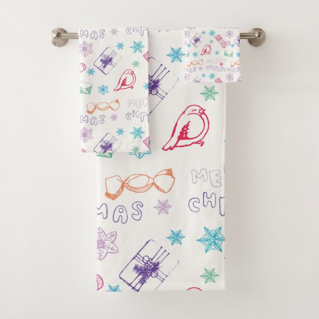 Colourful vintage merry christmas pattern bath towel set (Insitu)