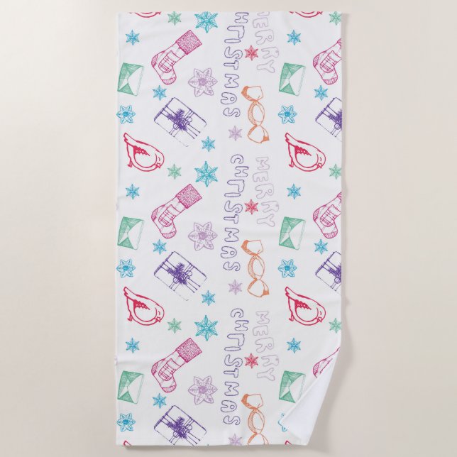 Colourful vintage merry christmas pattern beach towel (Front)