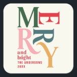 colourful vintage merry christmas  square sticker<br><div class="desc">Colourful vintage graphic typography merry chritsmas sticker. Part of a bold fun holiday collection.</div>