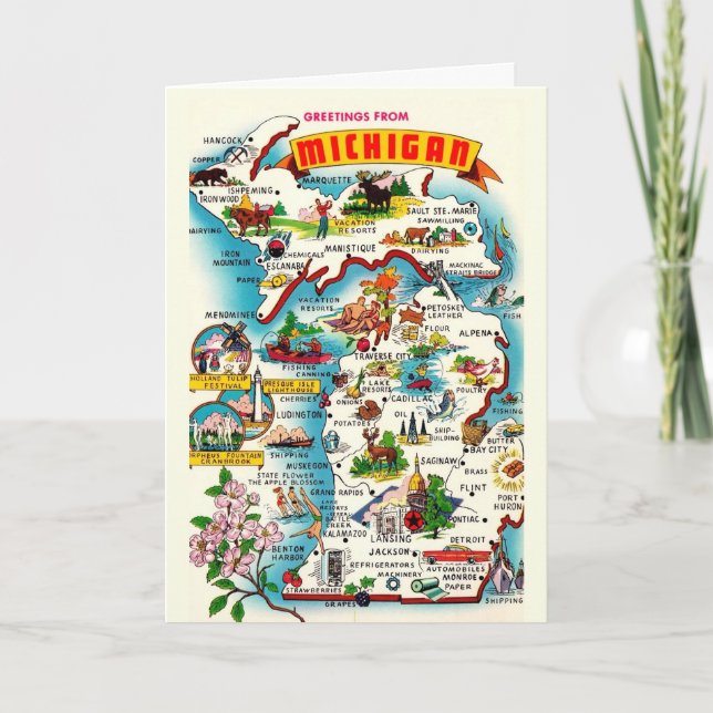 Colourful Vintage Michigan Map  Card (Front)